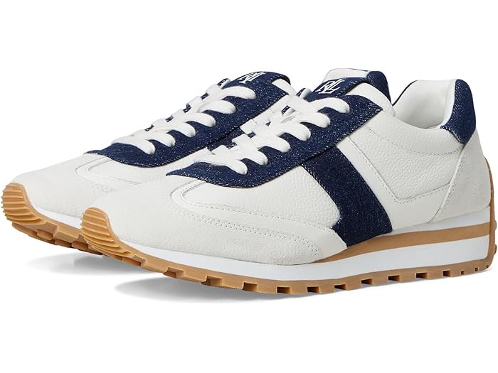(取寄) ローレン ラルフローレン レディース ダニー レザー アンド スエード スニーカー Lauren Ralph Lauren women Dani Denim-Trim Leather & Suede Sneakers Snow White/Bianco/Vayra Wash/Snow White
