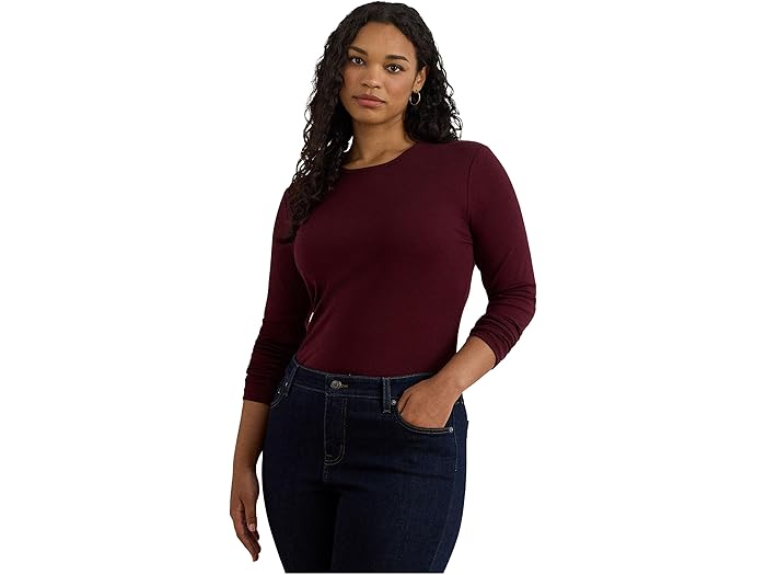 (取寄) ローレン ラルフローレン レディース プラス サイズ ストレッチ ロング スリーブ ティー Lauren Ralph Lauren women Plus Size Stretch Long Sleeve Tee Dark Garnet