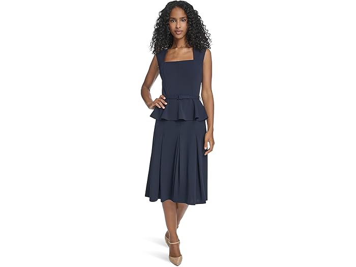 (取寄) カルバンクライン レディース ショート スリーブ スキューバ クレープ ベルテッド ペプラム Aライン Calvin Klein women Short Sleeve Scuba Crepe Belted Peplum Aline Indigo