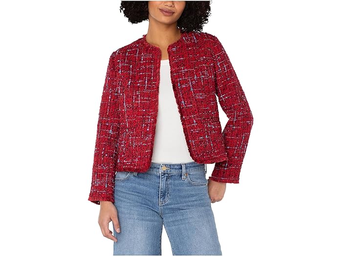(取寄) リバプールロサンゼルス レディース カラーレス ウーブン ブークル ジャケット ウィズ フレイド エッジズ Liverpool Los Angeles women Collarless Woven Boucle Jacket With Frayed Edges Red Multi Boucle
