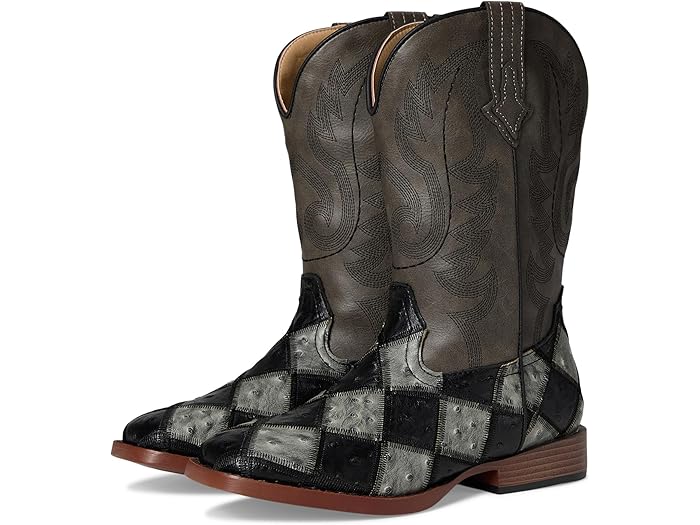 (取寄) ローパー キッズ ボーイズ バード ブロックス (ビッグ キッド) Roper Kids boys Bird Blocks (Big Kid) Black/Grey Faux Ostrich Patchwork Vamp