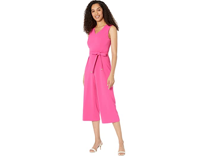 取寄 トミーヒルフィガー レディース クレープ ジャンプスーツ ウィズ Tie Tommy Crepe タイ women Scuba スキューバ  Hilfiger Pink with Jumpsuit Hot