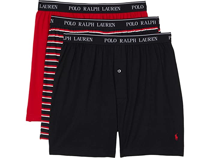 (取寄) ラルフローレン メンズ クラシック フィット w ウィッキング 3パック ニット ボクサー Polo Ralph Lauren men Classic Fit w Wicking 3-Pack Knit Boxers Polo Black Stripe Red