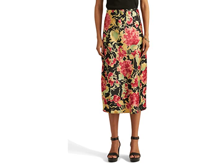 取寄 ローレン ラルフローレン レディース フローラル シャルムーズ ミディ スカート LAUREN Ralph Lauren women  Floral Charmeuse Midi Skirt Black Multi カタログギフトも！