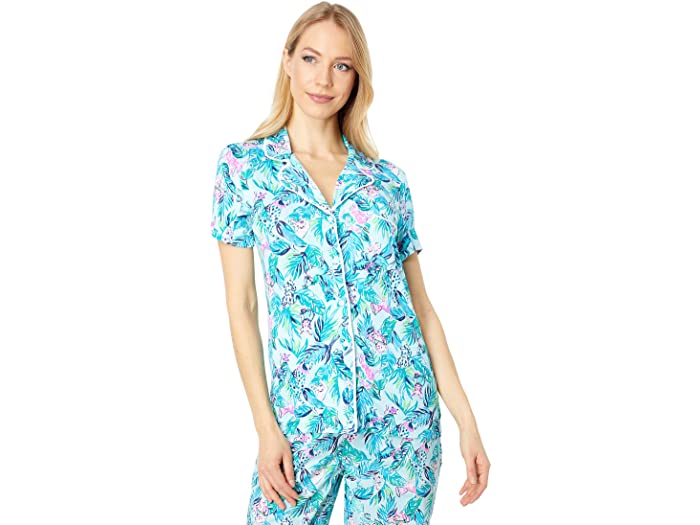 (取寄) リリー ピュリッツァー Pj ニット ショート スリーブ ボタンアップ トップ Lilly Pulitzer PJ Knit Short Sleeve Button-Up Top Seasalt Blue Barking Up The Palm Tree