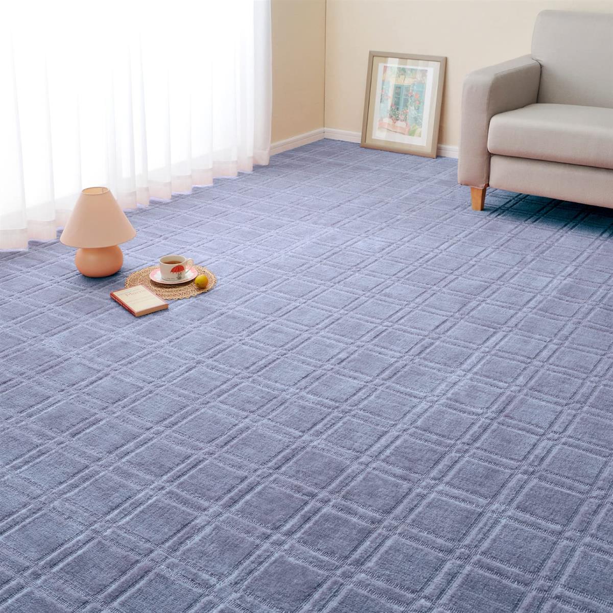 萩原 敷き詰めカーペット ブルー 江戸間8畳 約352&times;352cm シオン 抗菌 防臭 カットOK 北欧 モダン 格子柄 ホット対応 日本製｜スイートミューズ