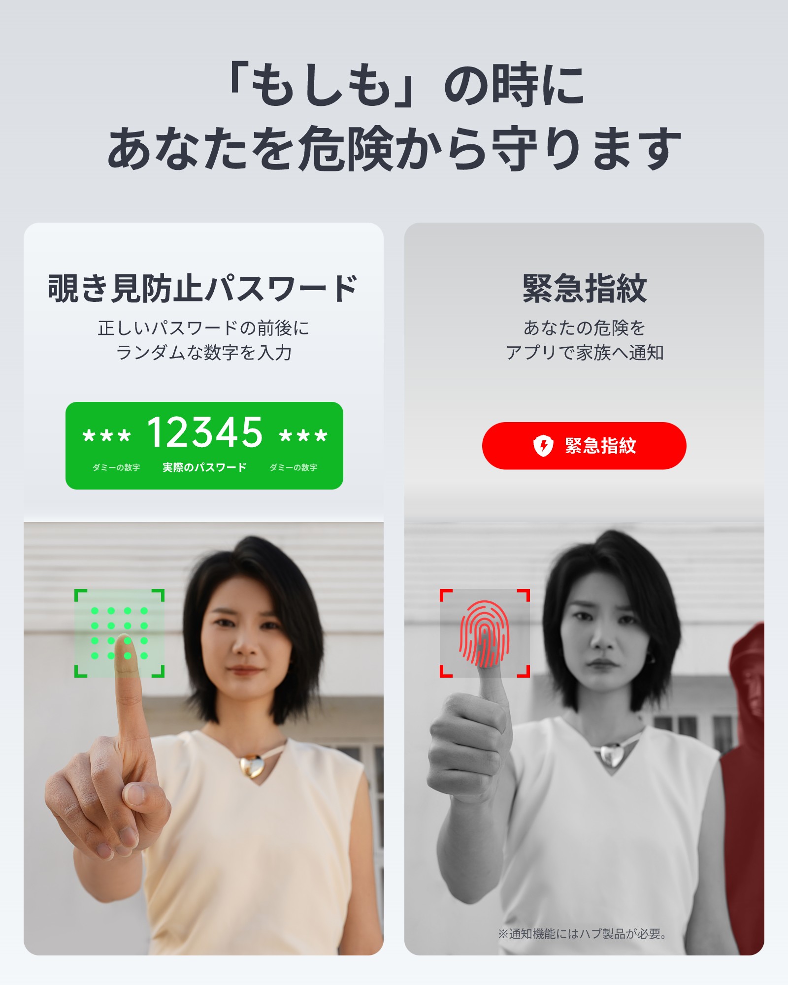 「もしも」の時にあなたを危険から守ります。
のぞき見防止パスワード。
緊急指紋。
2つの機能を搭載しています。