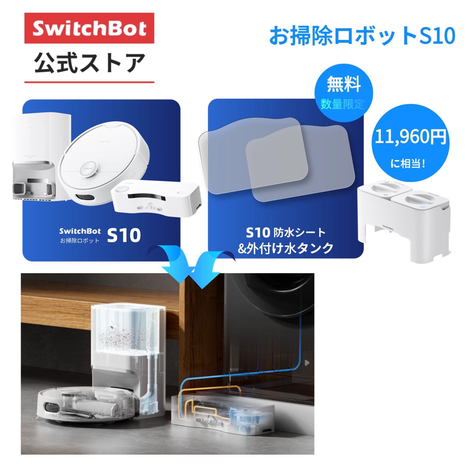 スイッチボット ロボット掃除機 S10 外付け水タンク 交換用アクセサリー付き SwitchBot ロボット掃除機 S10 専用外付け水タンク W3211800