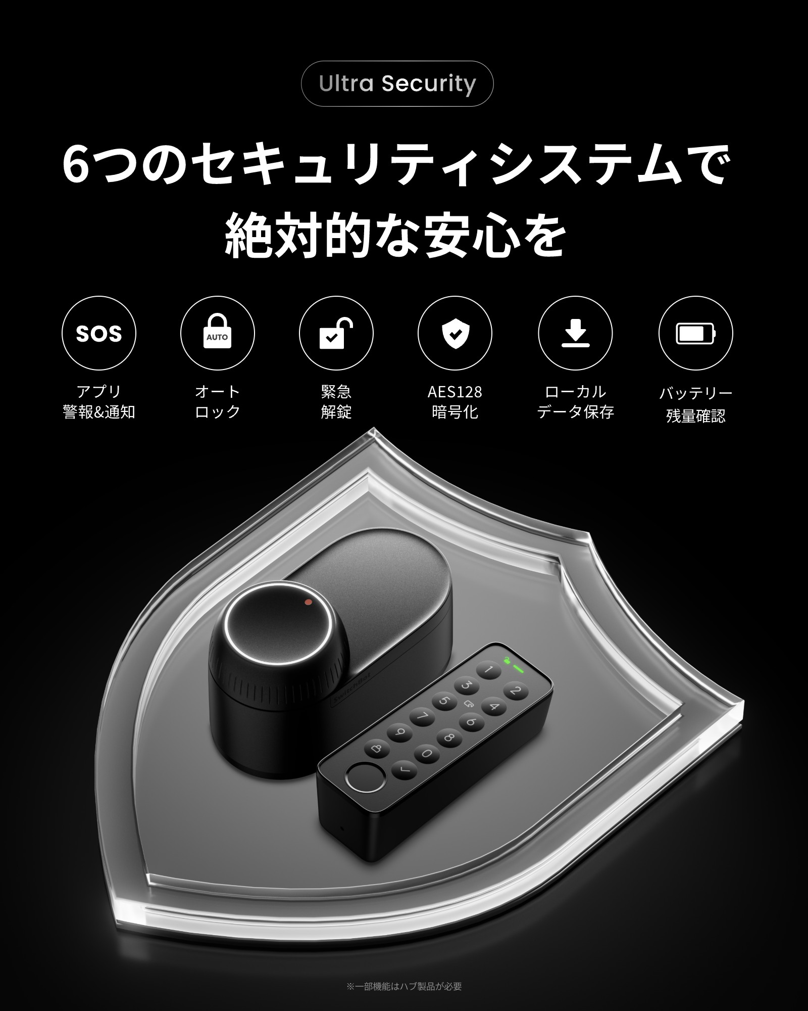 6つのセキュリティシステムで絶対的な安心を。
1、アプリ警報＆通知。
2、オートロック。
3、緊急解錠。
4、AES128暗号化。
5、ローカルデータ保存。
6、バッテリー残量確認。