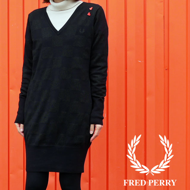 楽天市場 あす楽 フレッドペリー Fred Perry ワンピース レディース Sd32 エイミー ワインハウス チェッカーボード ジャンパードレス ニット チェック Vネック 長袖 黒 月桂樹 送料無料 Evid シューマートワールド