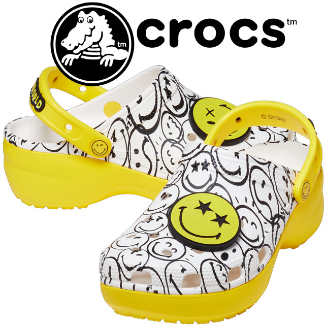 クロックス Crocs メンズ レディース サンダル クラシック プラットフォーム スマイリー ワールドチャーム クロッグ W 厚底サンダル ウェッジヒール 7980 94s ホワイト マルチ スマイル ニコちゃんマーク テレワーク 在宅勤務 Evid 6 期間限定今なら送料無料