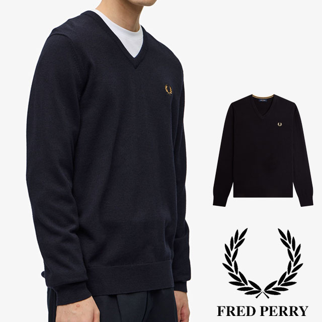 送料無料 長袖 メンズ FW 秋冬 新作 秋新作 冬新作 人気 流行 定番 2023 FRED PERRY K9600 フレッドペリー Vネックニット クラシックVネックジャンパー セーター ウール トップス 上着 定番 きれいめ カジュアル アパレル 月桂樹 ワンポイント 黒 紺 y87-k9600-1.jpg
