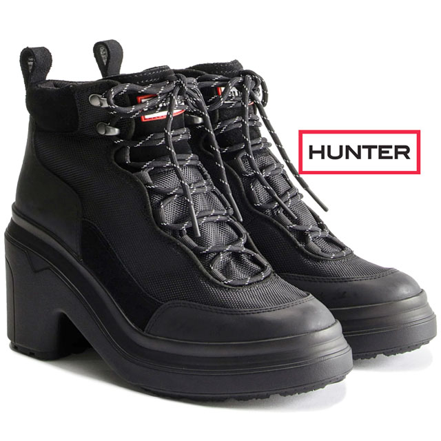 ＼クーポン有／ハンター HUNTER レディース ブーツ WFP1106LNR アンクル NYL ヒールブーツ 防水 ハイヒール ショートブーツ ショート丈 レースアップブーツ アンクルブーツ チャンキーヒール ブラック 黒 靴 送料無料 最強翌日配送 evid2