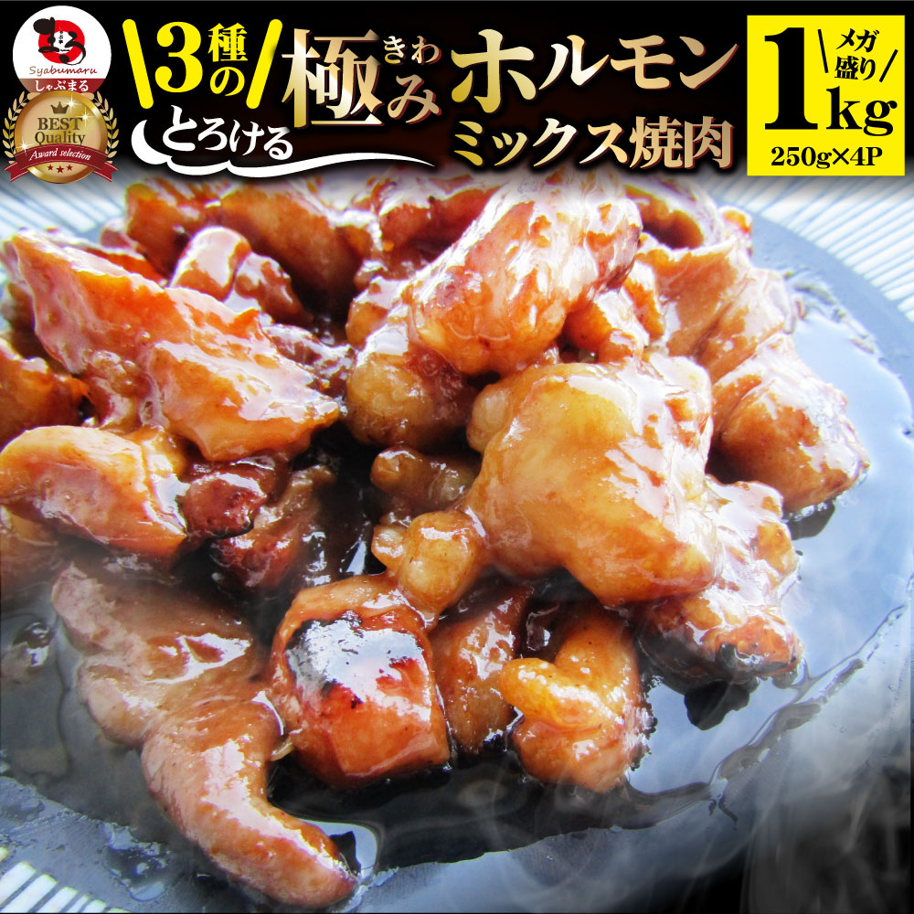 市場 三種 ホルモン 焼肉 250ｇ×4パック バーベキュー タレ漬け 秘伝 ミックス 1kg