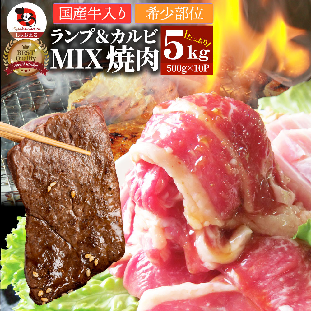 肉 焼肉 牛肉 国産牛入り ランプ＆カルビミックス焼肉5kg(500g×10P)赤身 贅沢 おトク お徳用 送料無料 肉 通販 グルメ アウトドア お家焼肉 レジャー 送料無料 バーベキュー 食材 セット