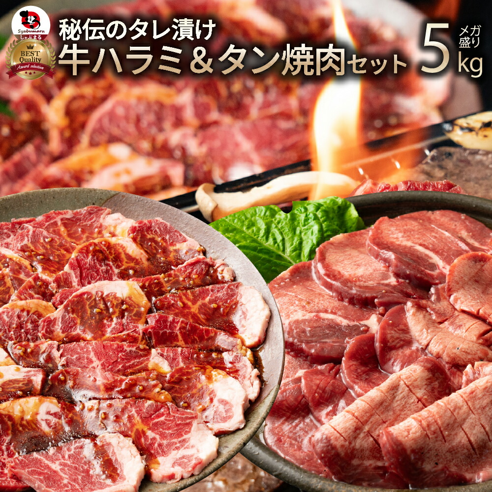 肉 牛肉 タレ漬け 牛ハラミ ＆ 牛タン 焼肉セット 5kg（250g&times;20） タレ 赤身 はらみ たん 秘伝 焼肉セット 焼肉 ランキング1位 やきにく ハラミ アウトドア お家焼肉 レジャー 送料無料 バーベキュー 肉 食材 セット キャンプ キャンプ飯｜お肉のしゃぶまる