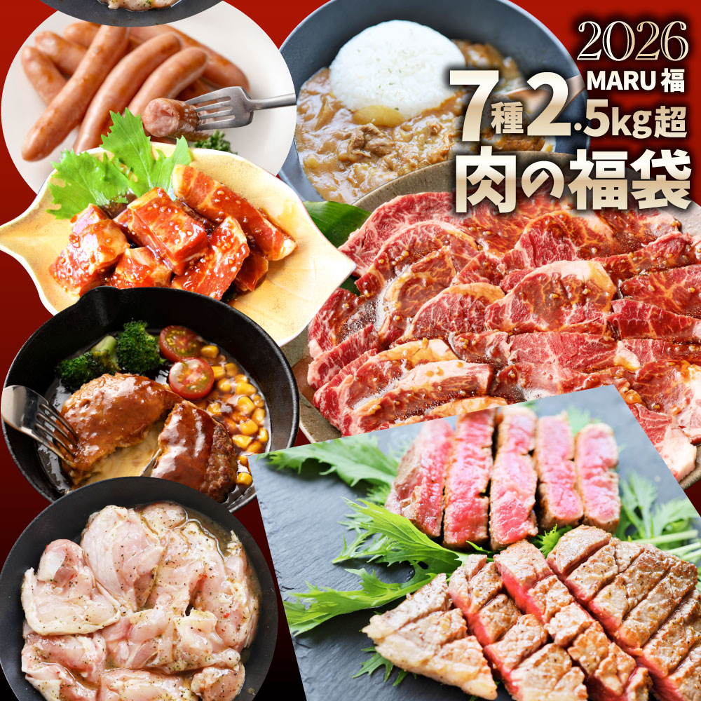 2026 MARU福 肉の福袋 7種 2.56kg ステーキ 焼肉 ランプステーキ 牛ハラミ ハンバーグ トンテキ バジルチキン カレー ソーセージ 冷凍 詰め合わせ 肉セット