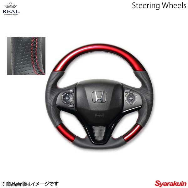 REAL レアル ステアリング HONDA/ホンダ フィット GP5～6/GK3～6 オリジナルシリーズ ガングリップ パールレッド レッド×ブラック ユーロステッチ