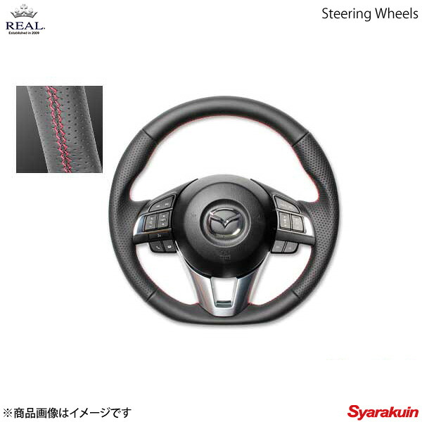 REAL レアル ステアリング MAZDA/マツダ デミオ DJ 前期 オリジナルシリーズ ガングリップ オールレザー レッド×ブラック ユーロステッチ