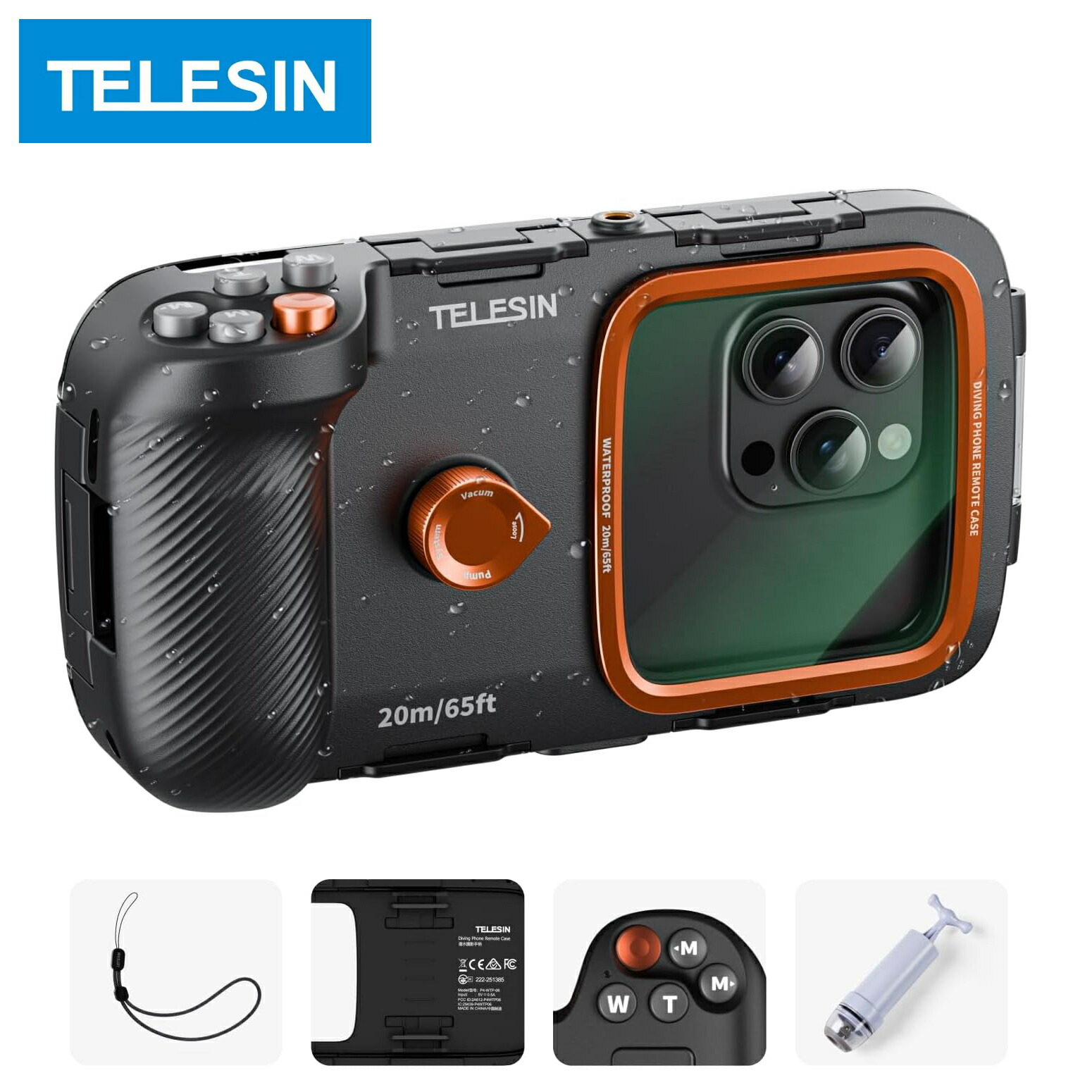 TELESIN 潜水用ケース+スマホグリップ一体型 ダイビングスマホ防水ケース ハウジングケース Bluetoothリモコン付き 真空防曇 ハンドル一体型 人間工学設計 iphone 防水ケース 海 水中撮影用 潜水 水泳 海水浴 水深さ20mで潜水 IP68 iPhone/Android