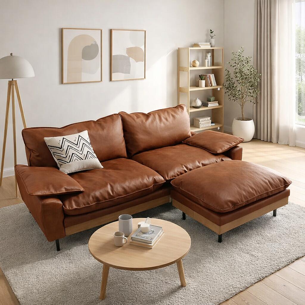 DINOSVN 分かりやすい 3人掛けsofa オットマン 足置き仕掛ける ヴィンテージ 長椅子 色つや：駱駝 / 赤銅色 大きさ：幅192.5×奥ぶかさ84高さ73糎 置き目長椅子 なめし革調  三人掛け 羽毛座布団 取りつくろう飾り気の無い ※ツーマン送りとどけるにて開梱とり備える(無料)で行います。