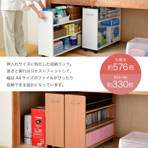 送料無料押入れラック収納ラック本棚2個セット幅26.5奥行78.5キャスター付き隙間ワイドワゴン棚3段大容量CDDVD本漫画整理押し入れ収納スライド
