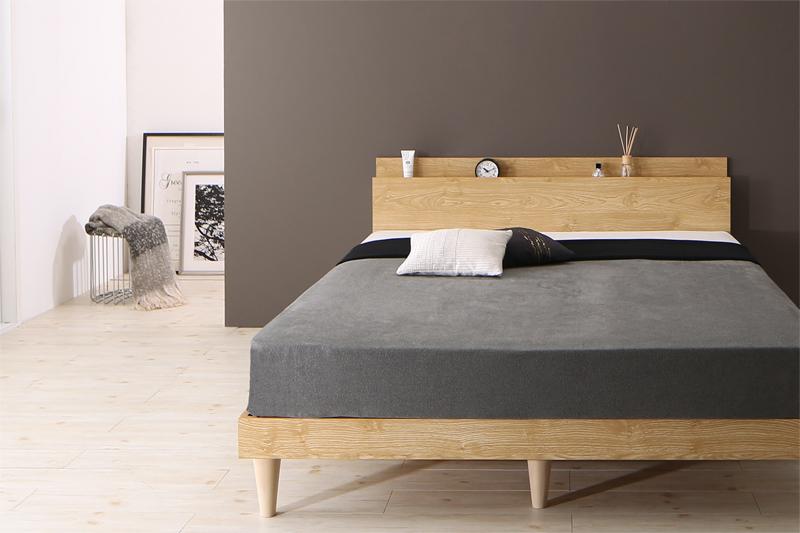 送料無料 棚 コンセント付き デザインすのこベッド ベッドフレーム マットレス付き シングルベッド Camille カミーユ 国産カバーポケットコイルマットレス付き 木製 スノコベッド シングルサイズ 宮付き スリム おしゃれ 北欧 シンプル