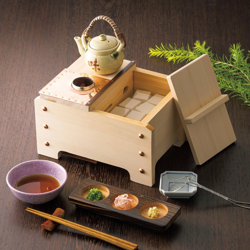 高級 檜　ひのき　湯豆腐セット一人用　豆腐すくい・汁次付き 楽天市場】檜・角型湯豆腐セット(1人用) : ナイススタイル