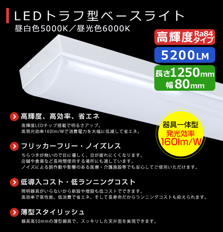 LEDベースライト 天井直付型 20形蛍光灯 2灯相当 トラフ型 器具一体型