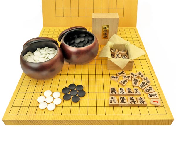 碁棋両用新かや1寸卓上盤書き割り(硝子碁石梅・プラ碁笥銘木大・アオカ押し駒)
