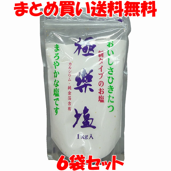 波動法製造 極楽塩 (ごくらくえん) 万能 天日塩 カルシウム 金箔 スタンドパック 袋入 1kg×6袋セット まとめ買い送料無料