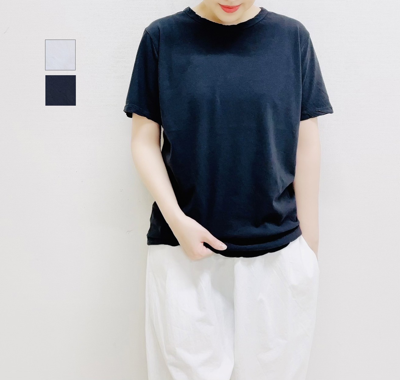 【veritecoeur】強撚天竺労働者の一団のど首ティーシャツ / ST-067 White-Black
