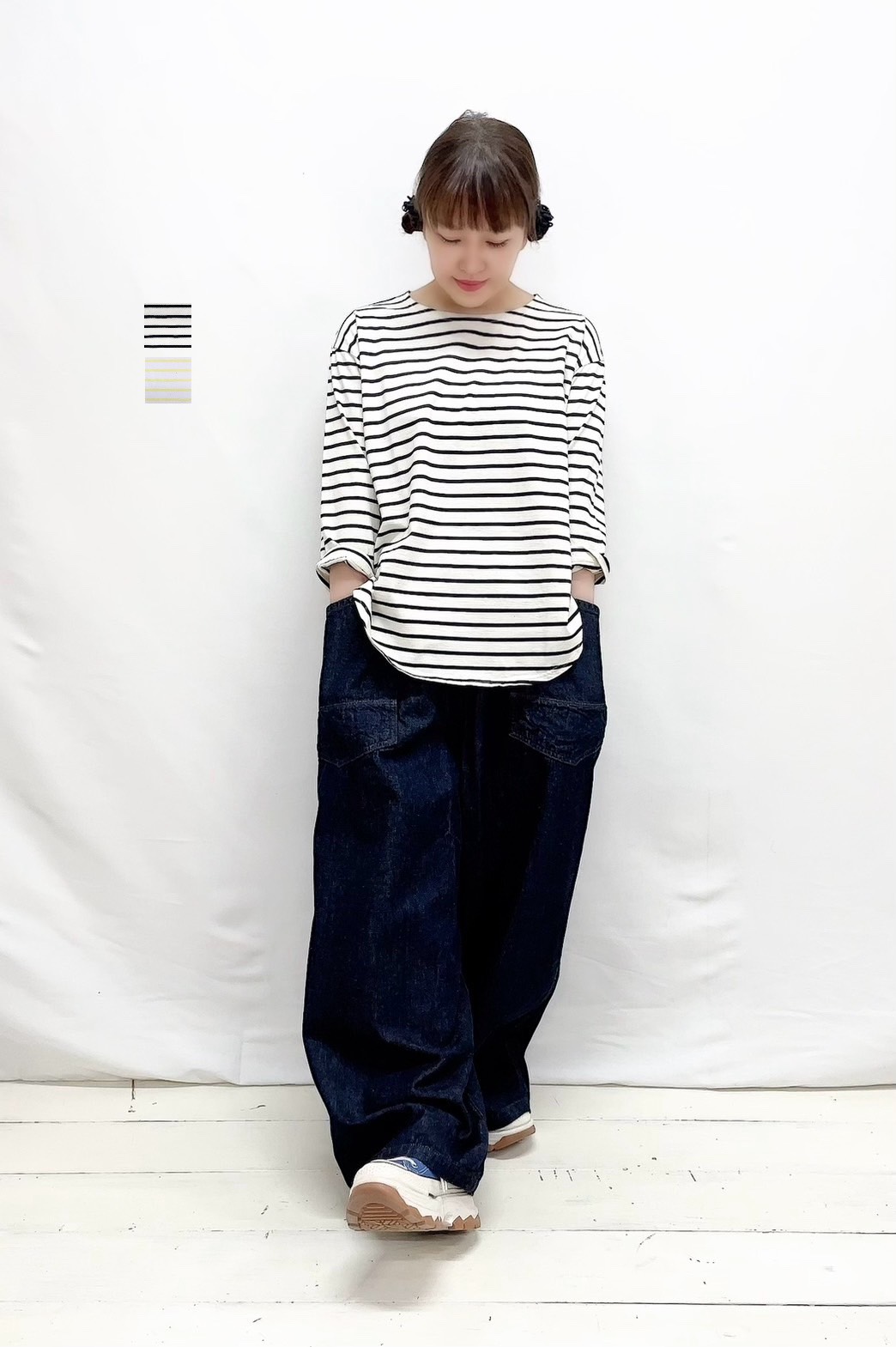 【tumugu】裾ラウンド7分袖ロングT / TC23115-B 9L BORDER-28 YELLOW系