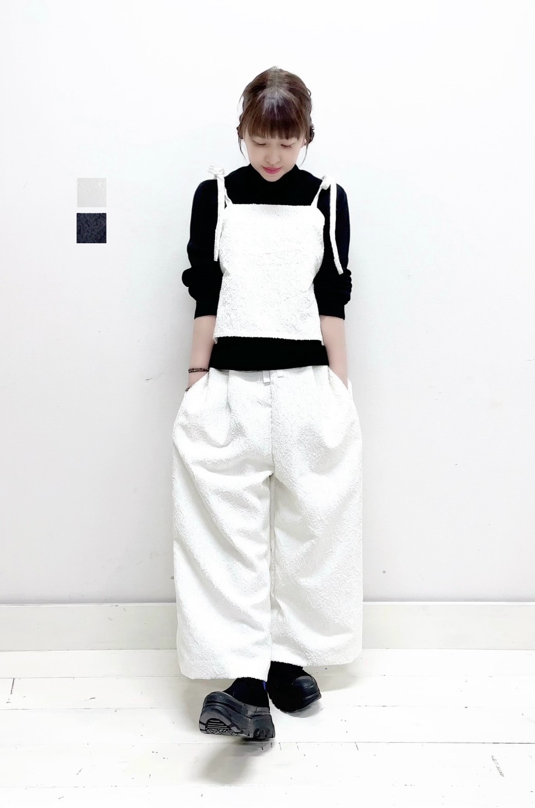 【ROBE de PEAU】ジャガードリボンキャミソール / R335 WHITE-BLACK