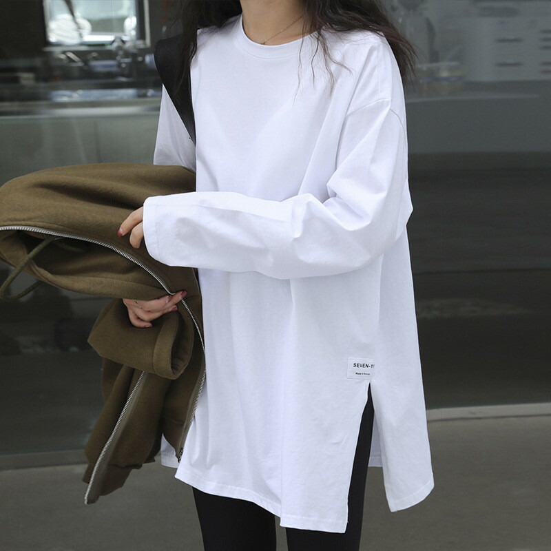 トップス ロングTシャツ ルーズフィット デート Tシャツ カットソー 袖あり 長袖 ドロップショルダー ラウンドネック 襟なし サイドスリット 伸縮性 jiggys-shop_217424