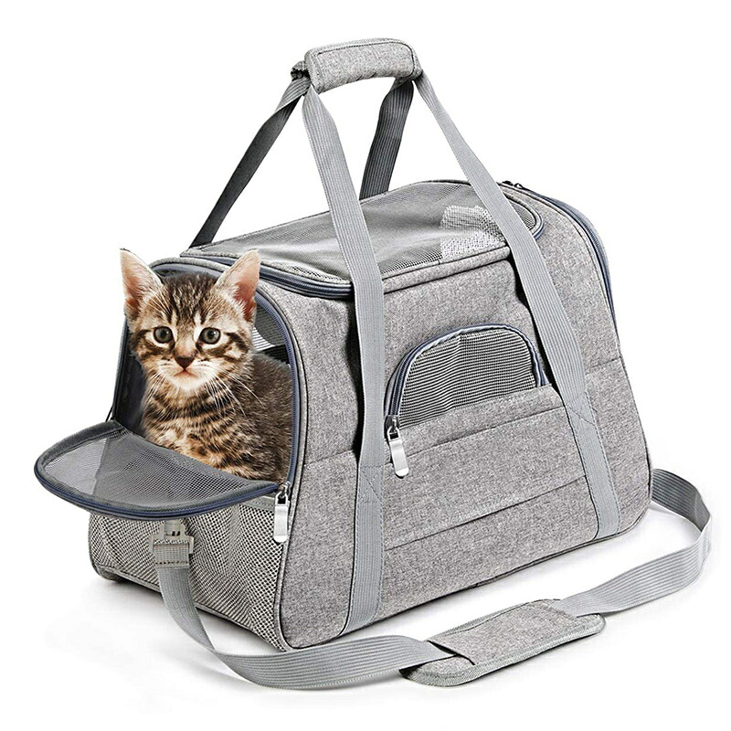 【送料無料 】猫 キャリーバッグ マット付き ペットキャリーバッグ 通気性 犬キャリー 3way ショルダー コンパクト 手提げキャリーバッグ ライトグレー