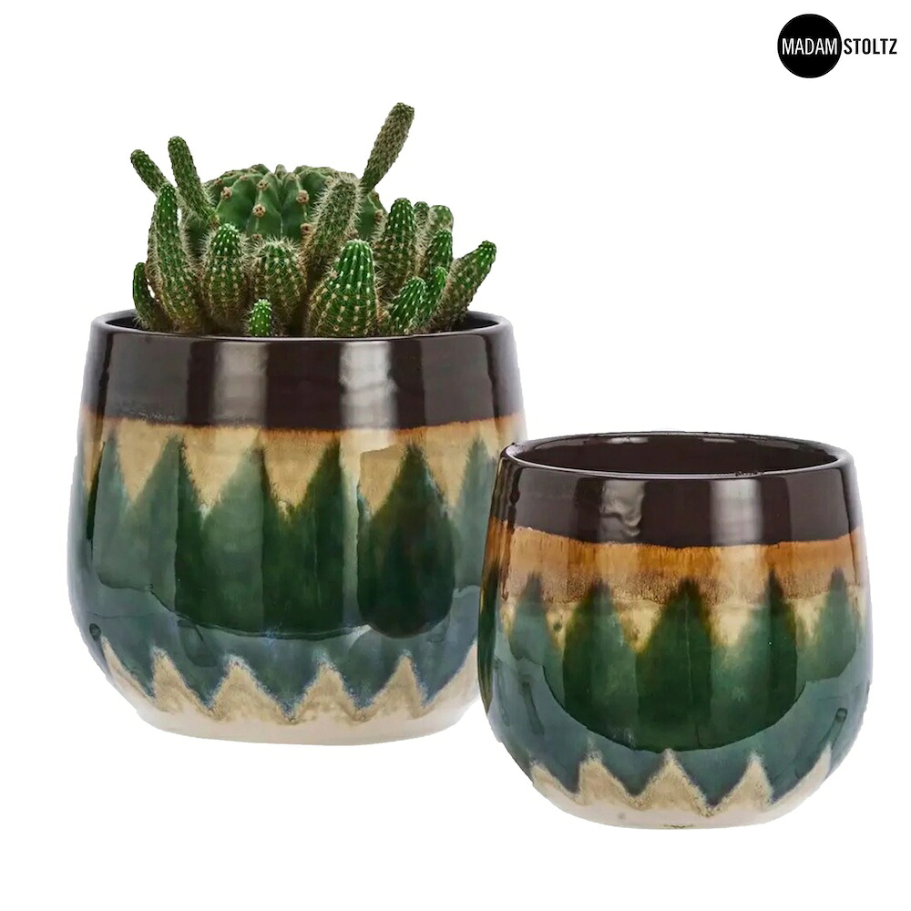 フラワーポット 鉢カバー 2個 セット グリーン 緑 グラデーション 釉薬 観葉植物 釉薬 Madam Stoltz Stoneware Flower Pots (green)