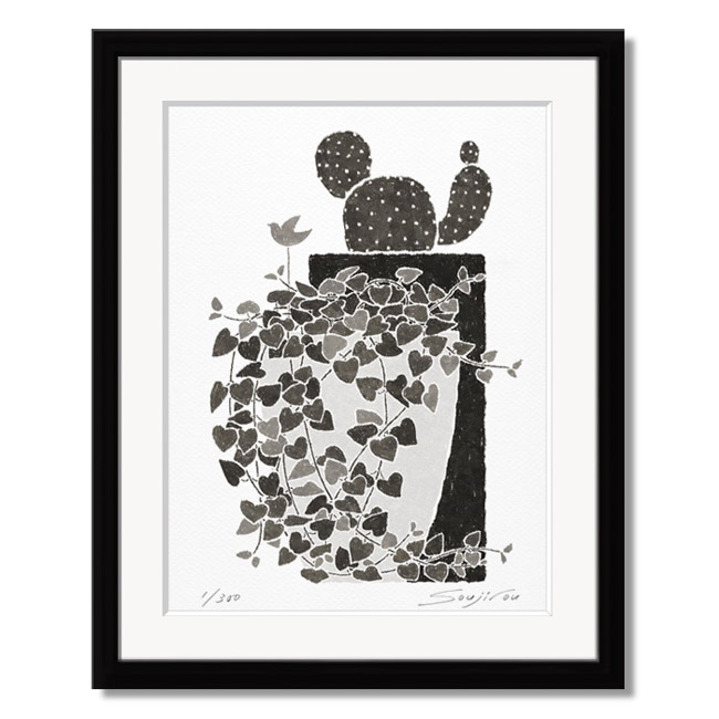 楽天市場】絵画 モノクロ 植物画 ハートカズラとサボテン 黒