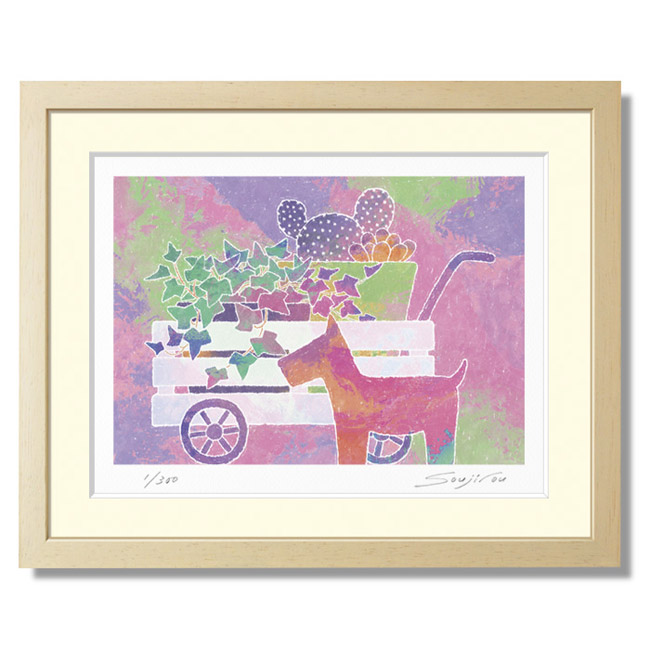 【7/25 限定クーポン】 パステルカラーで癒しを与える小さなサボテンの版画アート 絵画 インテリア 額入り 【イヌの置物と多肉植物寄せ植え】 リビングや玄関をおしゃれ空間に演出。壁飾りやプレゼントにも最適です。｜壁掛けアート専門店東京アートラボ