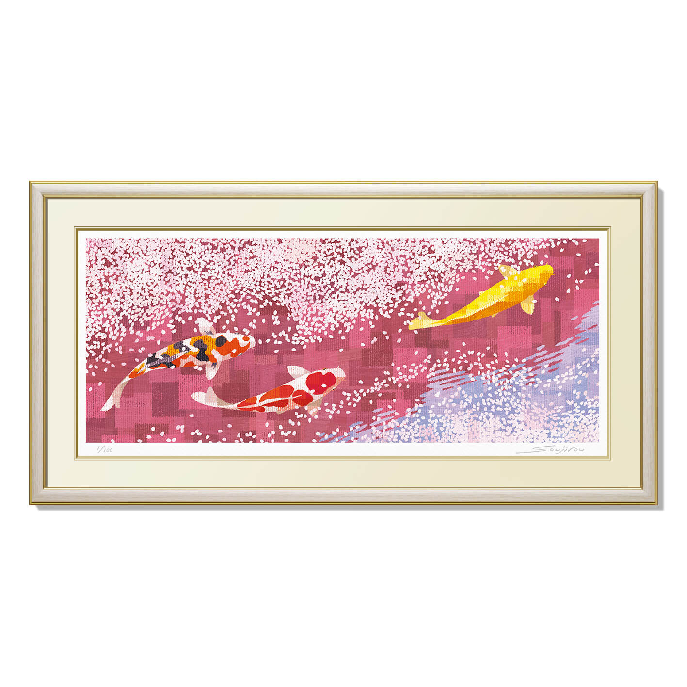 【限定クーポン配布中】 【ランキング1位獲得】絵画 インテリア 壁掛け 額入り【桜花回遊】 淡く繊細に描かれた水面。その下を泳ぐ錦鯉に力強さすら感じます！ 縁起の良い 額絵 風水 玄関 母の日