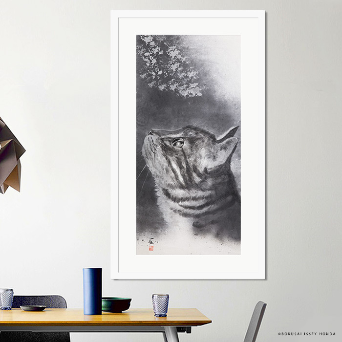 墨絵　絵画　原画　モノクロ　水彩画　水墨画　インテリア　F4 絵画 インテリア 水墨画「気」狼 額入り 壁掛け 縦長 モダン