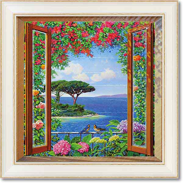 コタボ リトグラフ 窓辺の花と風景画 真作 美術品 インテリア - 版画