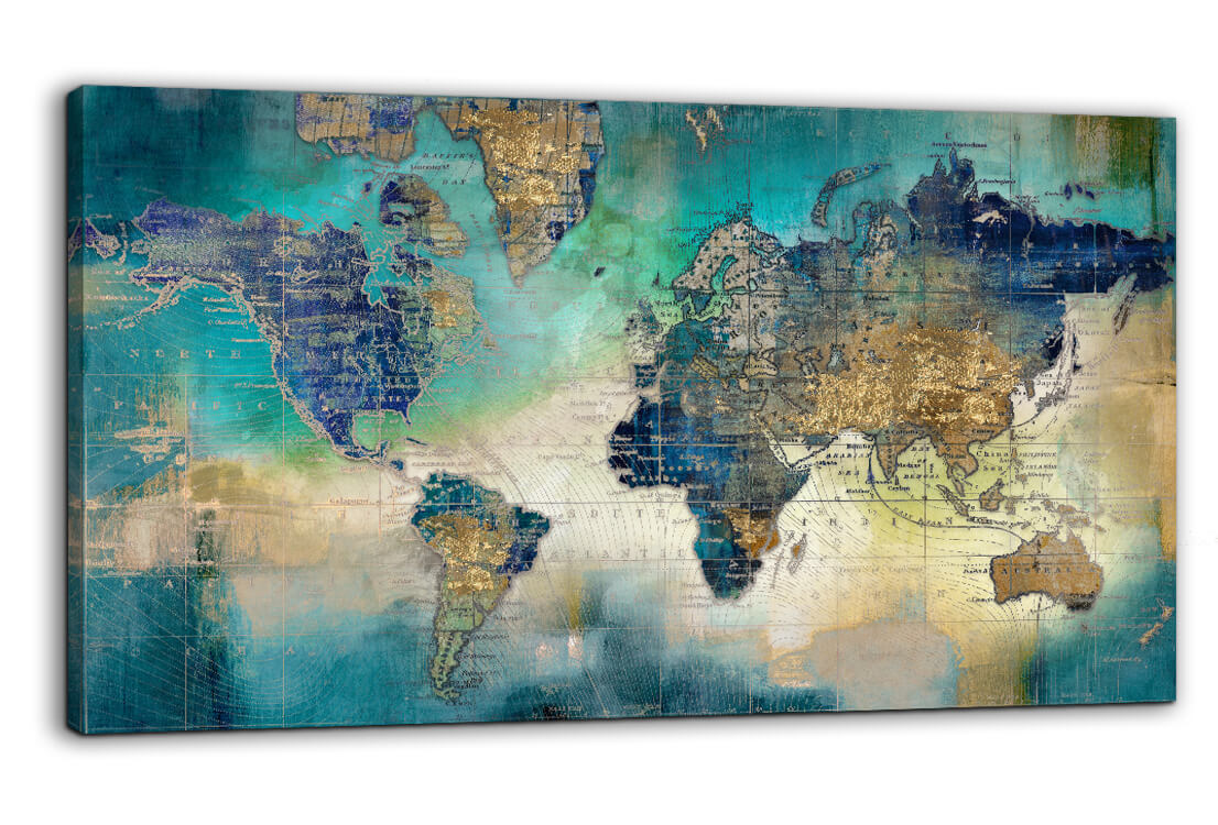 【楽天ランキング1位獲得】世界地図アート WORLDMAP | モダンなブルーとゴールドの色合いが魅力の100cm大型アートパネル | インテリアにレトロで洗練された雰囲気をプラス | アクセント感のある金箔で、空間に深みを与える一枚