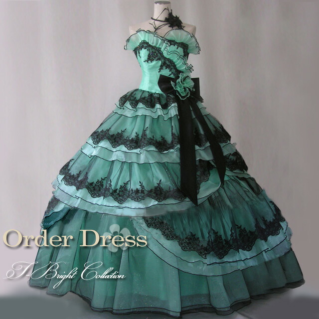 サイズオーダー カラードレス オーダードレス ５ ２５号 送料無料 人気ドレス 二次会用ドレス お客様サイズでお作りします 背中編み上げ プリンセスライン グリーン ブラック 0 ｔ ブライト店ウエストコサージュリボンが可愛いウェディングドレス 緑と黒