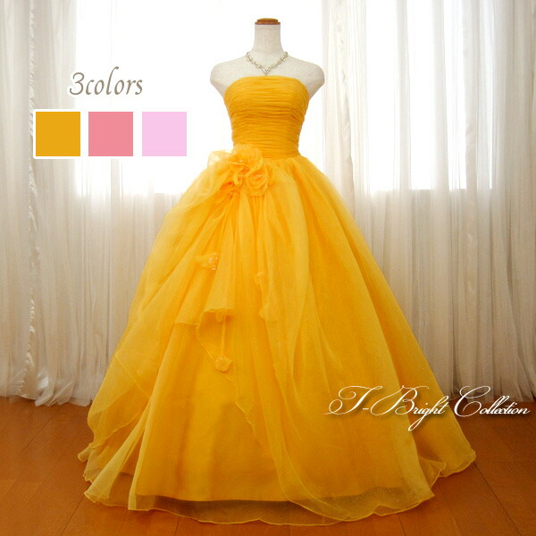 21年製 新品 ウエディングドレス カラードレス 127fk 黄 桃色 全3色 イエロー サーモンピンク ライトピンク 5号7号9号11号 お花のコサージュ プリンセスライン ロングドレス 大人 ウエディング 演奏会用ドレス Www Dgb Gov Bf