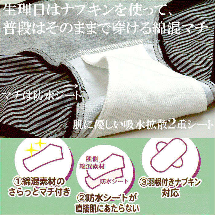 【楽天市場】サニタリーショーツ 羽根つき 生理用ショーツ ボーダー おりものパンティーライナー付き[M1/4]M L