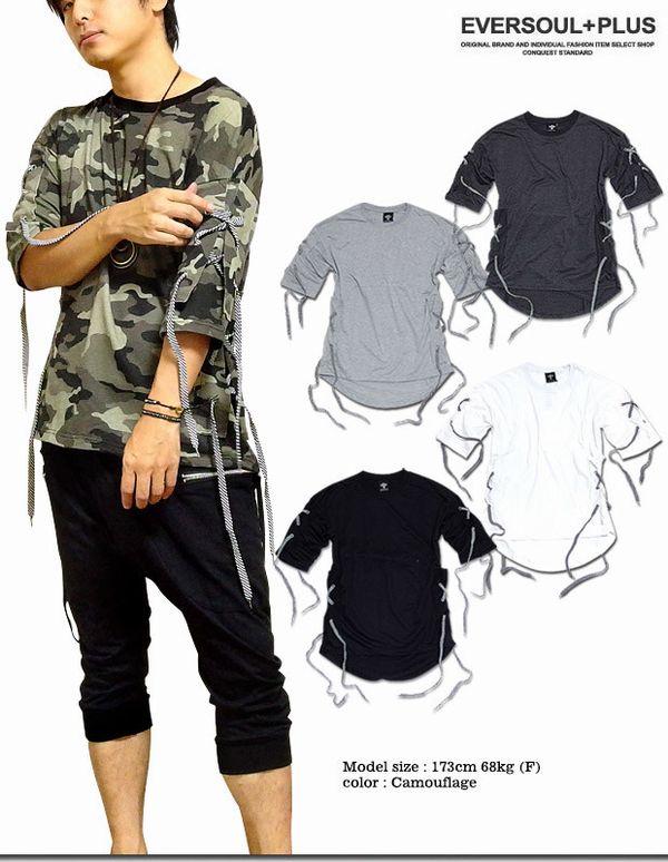 五分 七分袖 Tシャツ カットソー トップス メンズファッション ロングシルエット 両袖裾部レースアップ 前後異シルエットTシャツ 着心地GOOD 裾レースアップ 個性的 ロング丈Tシャツ 5色展開 両袖裾部二重構造 アイレット打ち レースアップ 個性的デザイン 5分袖Tシャツ 二重