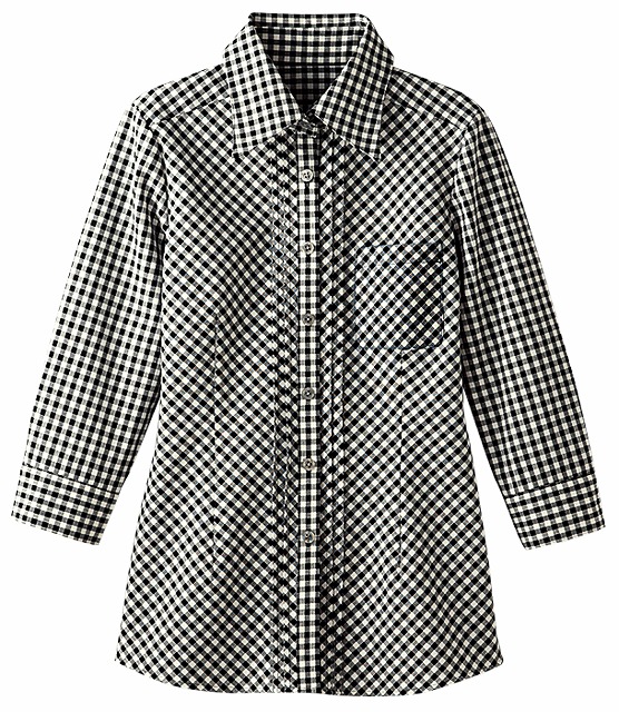 レディースシャツ　【ボストン商会　ボンユニ　ＢＯＮ ＵＮＩ】　パーラー制服　アミューズメント制服　七分袖シャツ　ユニフォーム　ギンガムチェック　54208-95　黒×白