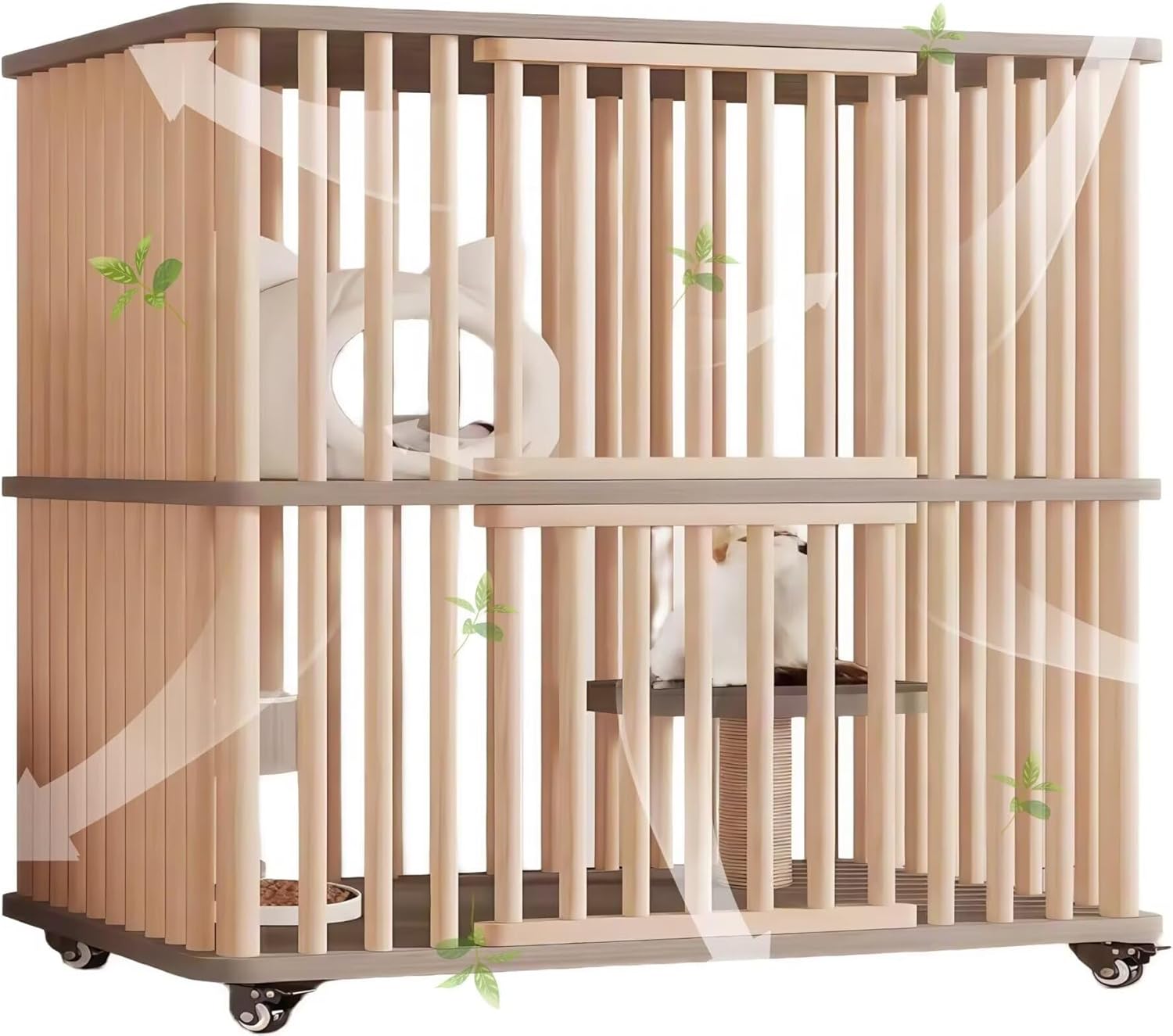 猫ケージ 2段 木製キャットケージ キャットハウス 長方形 大型 猫用ペットケージ 多頭飼い対応 幅112×奥行56×高さ108.3cm キャスター付き 通気・防逃走設計 組立簡単 室内飼育用 猫別荘（ナチュラル/ブラウン）