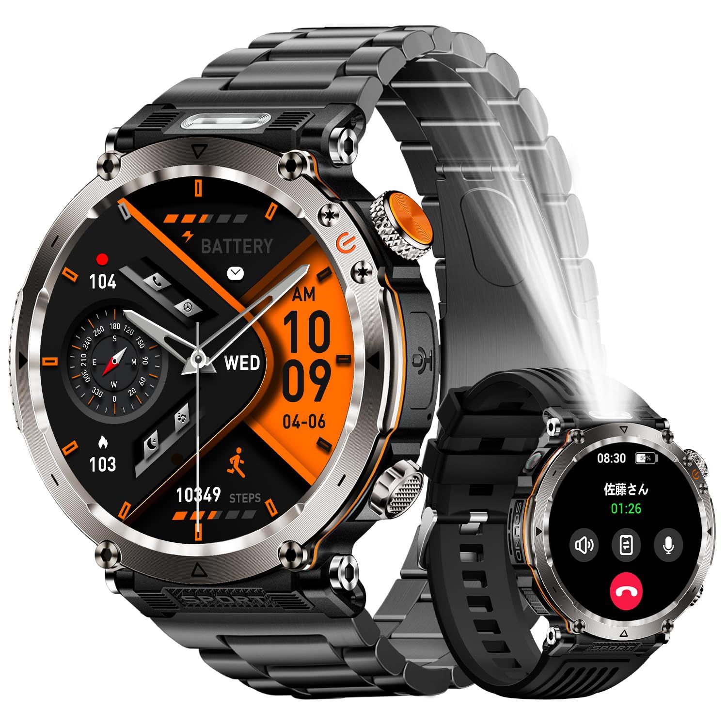 2025初売り スマートウォッチ 軍用規格 1.7インチ大画面 メンズ 丸型 通話機能付き Bluetooth5.3 懐中電灯 天気予報 日本製 着信/LINEなどの通知  アンドロイド対応 音声アシスタント スポーツウォッチ 100+運動モード 600mAh長持ちバッテリー DIY文字盤
